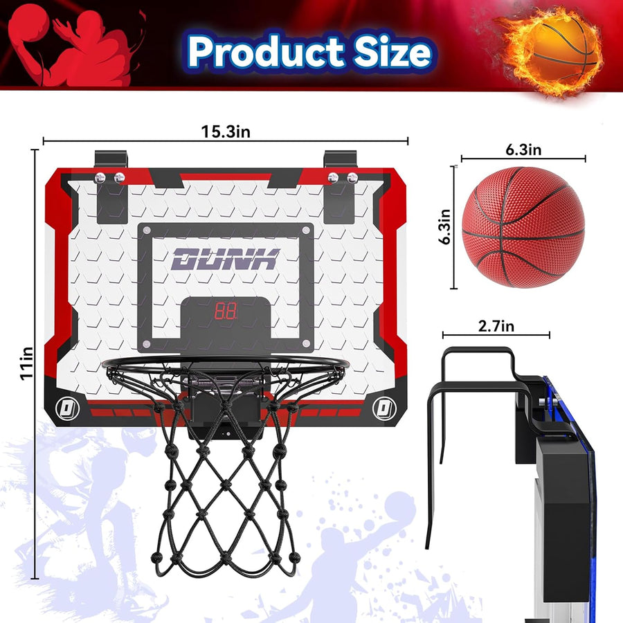 Panier de Basket Interieur pour Enfants avec 4 Ballon de Basket, Panier de Basket Intérieur Mural avec Tableau d'affichage électronique et Lumière LED