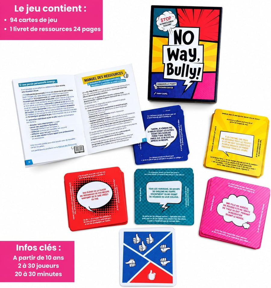 Jeux No Way, Bully! Jeu Contre Le harcèlement Scolaire et Le cyberharcèlement, Dès 10 Ans, 2 à 30 Joueurs, Livret Pratique 24 Pages co-conçu avec Emmanuelle Piquet