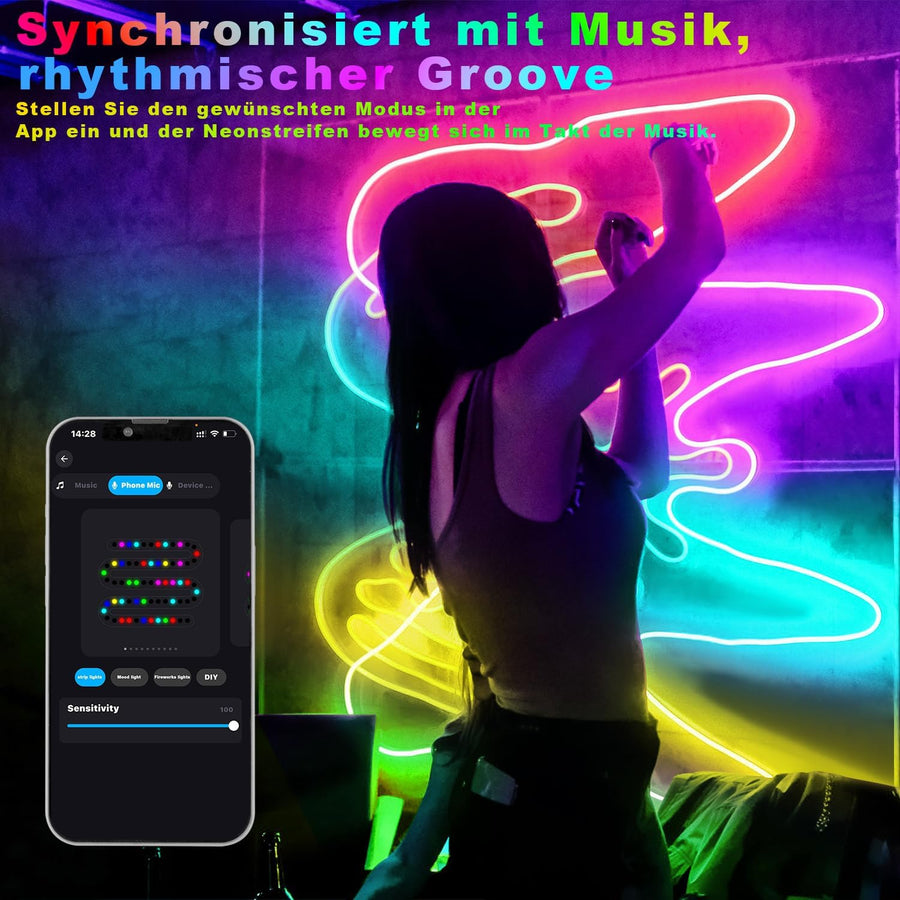 Ruban LED RVB+IC Exterieur, IP68 Bluetooth Bandeau LED avec Smart APP, 24V DIY Flexible Silikon Néon Bande LED Exterieur Etanche
