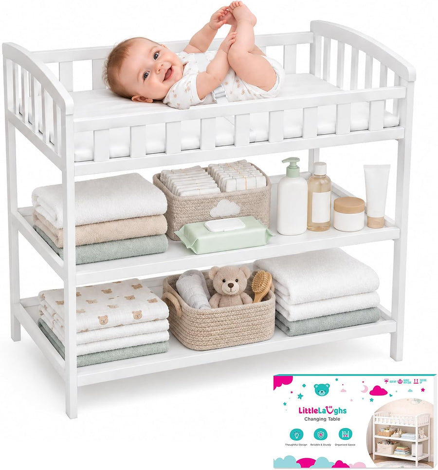 Table à Langer Bébé avec Matelas et Sangle de Sécurité | Meuble a Langer avec 2 Étagères | Bords Surélevés sur 4 Côtés | Meuble Bébé Nouveau-né jusqu'à 12 Mois
