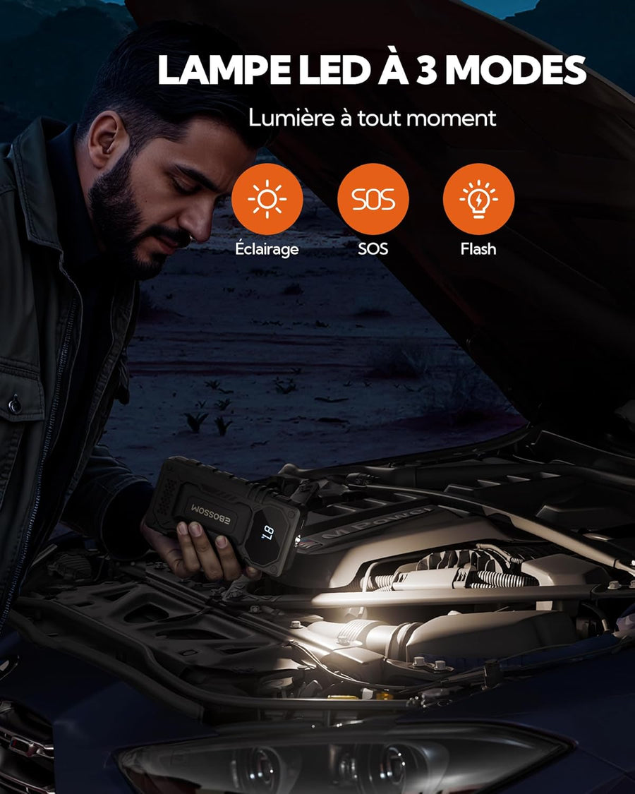 Booster Batterie Voiture, 12000mAh Démarreur de Voiture et Moto Portable, 12V Jump Starter avec Câbles de Démarrage Intelligents, Lumière LED Kit d'urgence pour Véhicules Chargeur de Secours