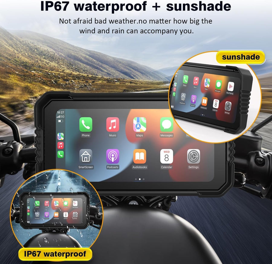 Écran CarPlay de moto 6,25", sans fil, CarPlay & Android Auto, navigation GPS pour moto, prise en charge double Bluetooth, télécommande, Siri, G00gle Assistant