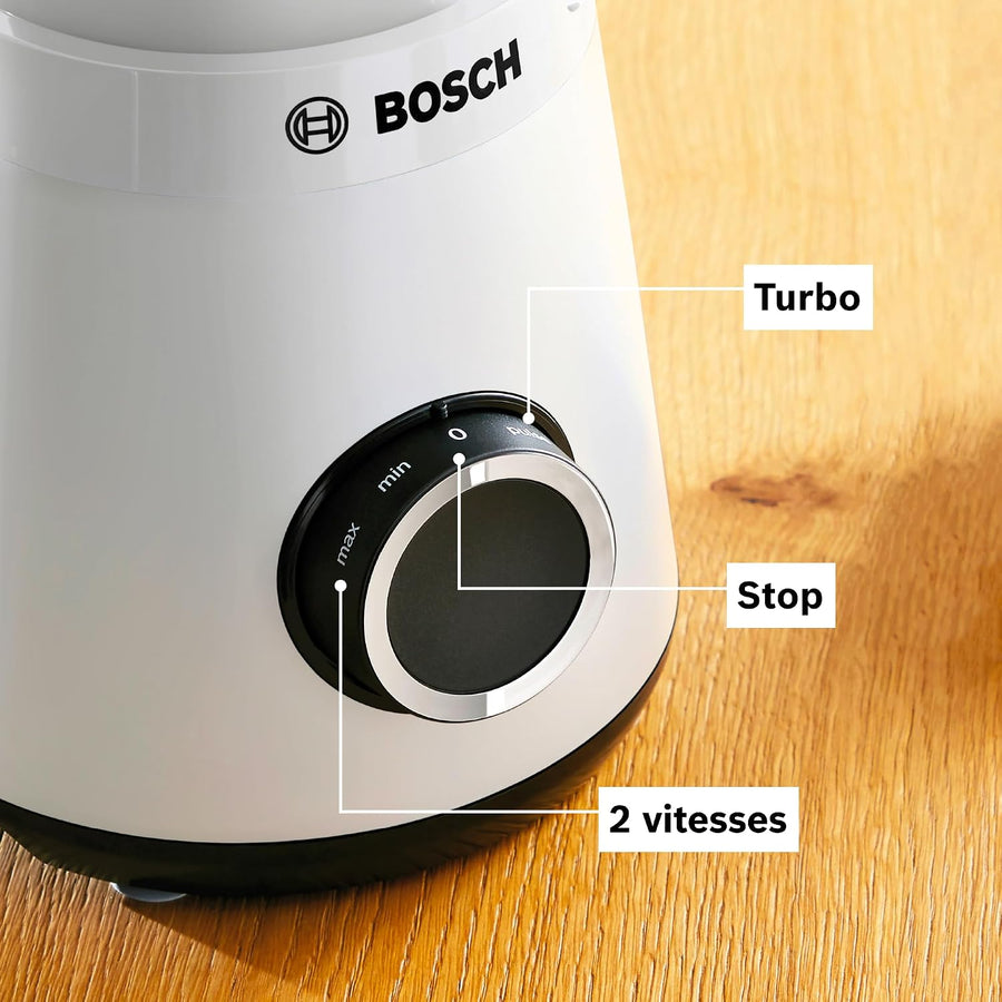 Bosch Blender VitaPower Série 4, MMB4151W, mixeur smoothies, 1200 W, 30 000 tr/min, lames en acier inoxydable, bol Tritan, 2 vitesses et fonction turbo