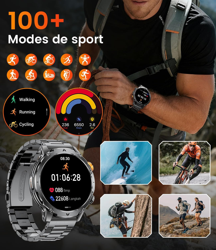 Montre Connectée Homme 3 Bracelet,1000mAh Longue Autonomie Batterie/1.7‘’ Grand Écran avec Appels/Lampe de Poche/IP68 Étanche Fréquence Cardiaque/Pédomètre,Smartwatch pour Android iOS