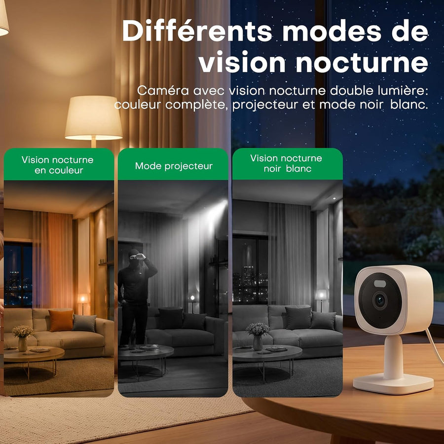 Caméra Intérieure Magnétique 3MP 2K, Vision Nocturne Couleur 0,01 Lux Caméra Intérieure Wi‑Fi, Détection Mouvement Humain, Audio Bidirectionnel, Étanche IP65, Compatible Alexa Et Google