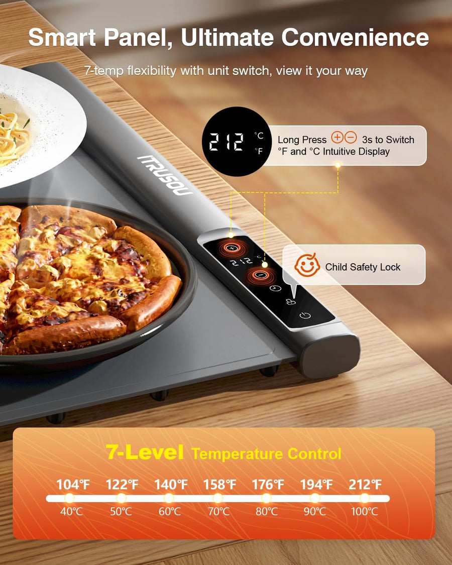 Plaque Chauffante pour Aliments, Tapis Chauffant Électrique Enroulable Extensible avec 7 Températures, Minuteur 99H, Affichage ℃/℉, Idéal Réchaud Buffet, Repas, Réceptions Garder au Chaud