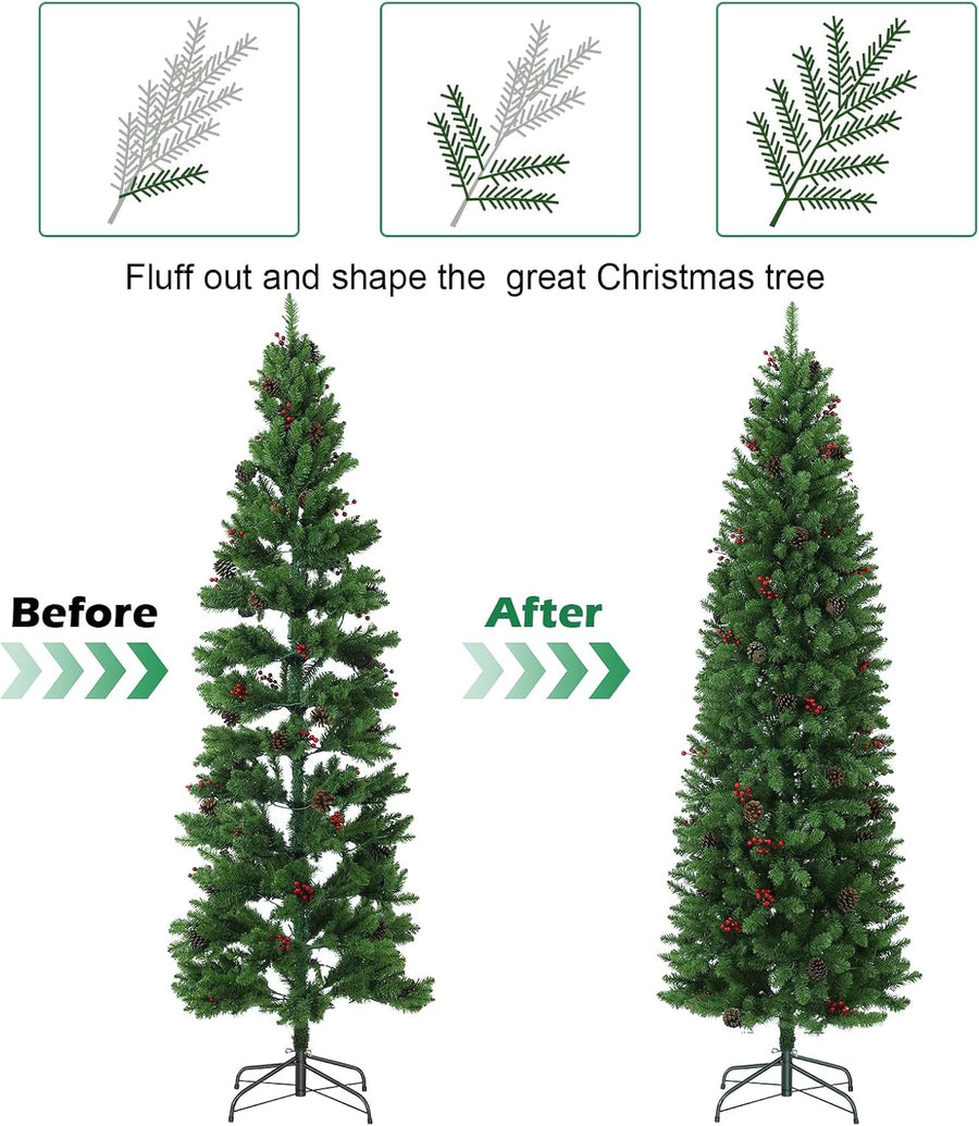 Sapin de Noël artificiel de 230 cm avec lumières LED chaudes et multicolores – Branches en PVC – Support métallique – Pommes de pin, baies rouges