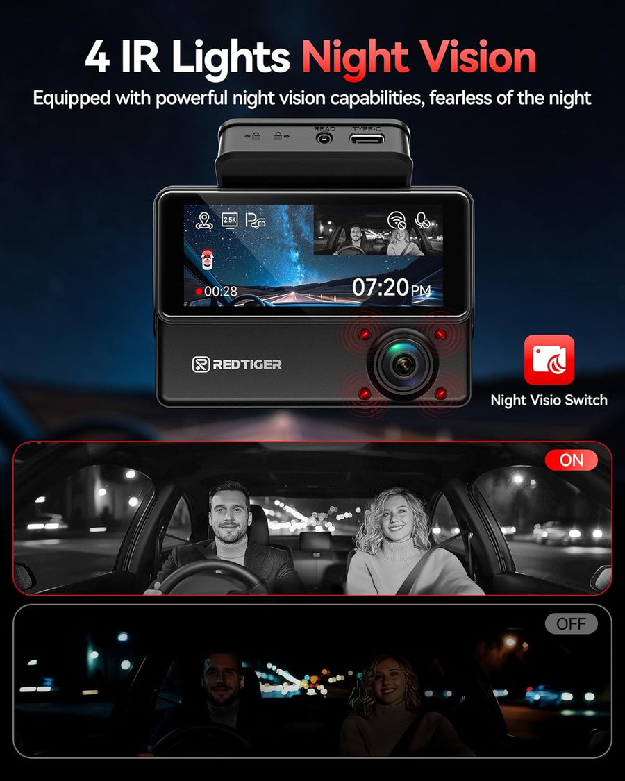 REDTIGER 530° Dashcam Voiture 3 Canaux,Caméra pour Voiture 2,5K+2,5K+1080P avec Carte 128 Go, Vision Nocturne IR, Écran Tactile, Dashcam pour Avant,Inclus WiFi GPS, Mode Parking 24H