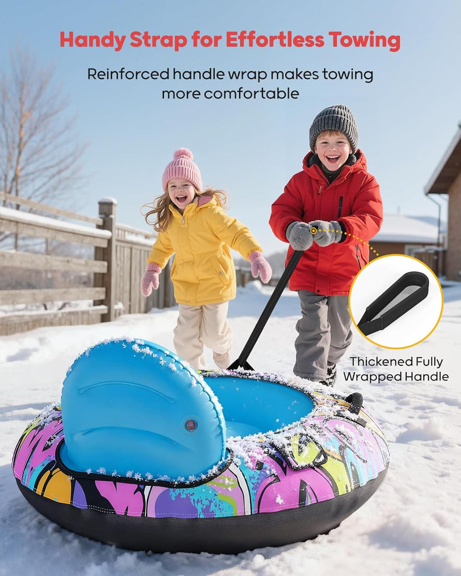Tube à neige de 111,8 cm avec dossier – Traîneau gonflable robuste d'une capacité de 226,8 kg avec housse, poignées et corde de remorquage, traîneaux à neige pour enfants et adultes BLEU