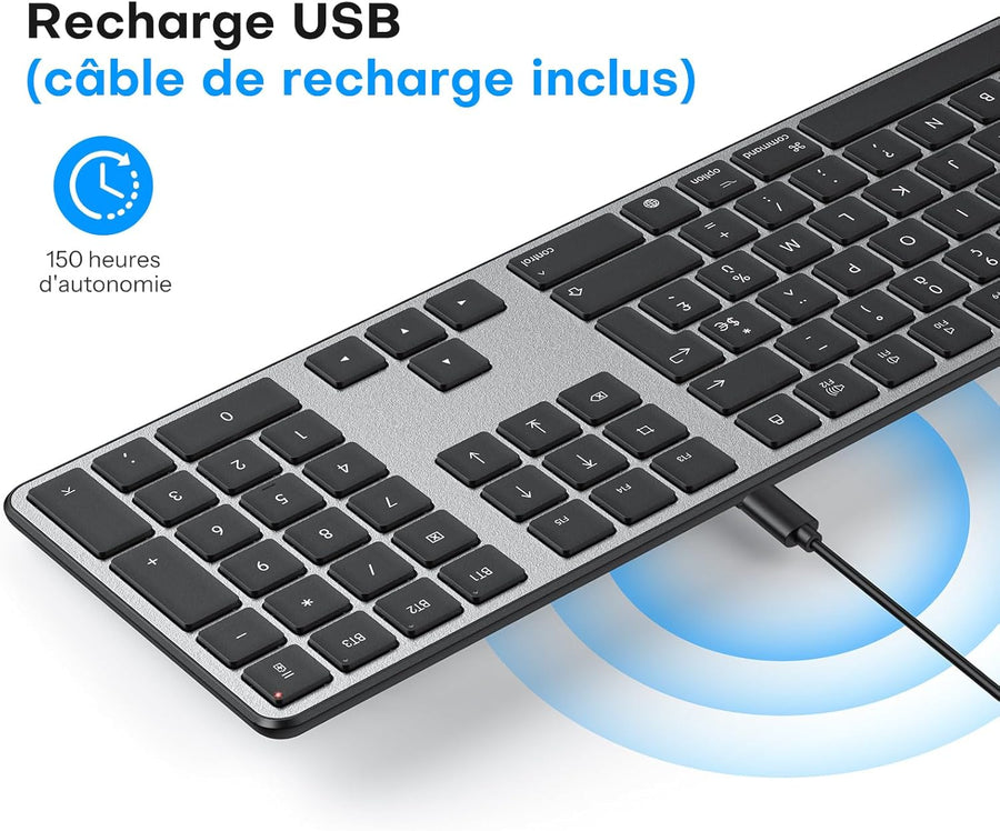 Kit Clavier et Souris Bluetooth pour Mac, Clavier et Souris sans Fil AZERTY Français Rechargeable avec 3 Canaux Bluetooth pour Apple Mac Pro/Mini, MacBook Pro/Air, iMac, iMac Pro, Gris Foncé