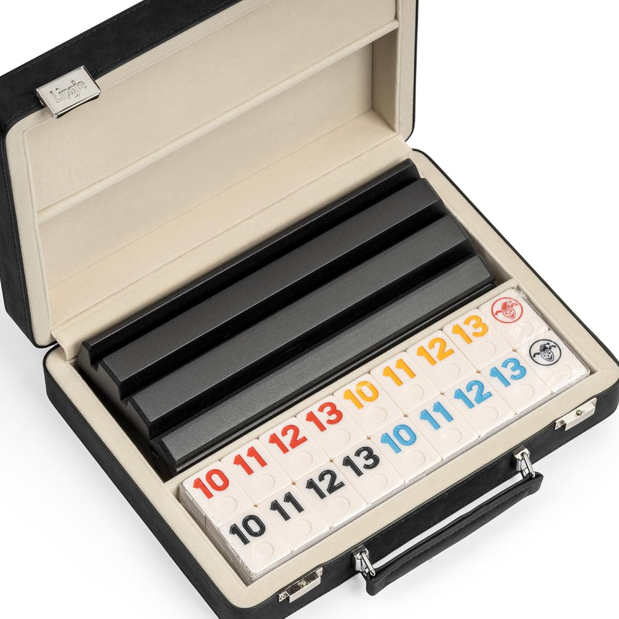 Jeu de rami, 2 à 4 joueurs avec 106 tuiles de rami et 4 supports, jeu de rami de voyage avec étui en simili cuir, jeux de société classiques amusants pour toute la famille