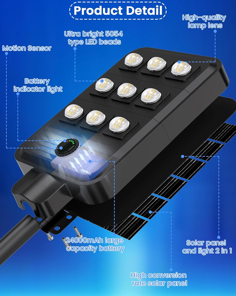 Lampadaire Solaire Exterieur, lumière solaire extérieure Crépuscule à l'Aube IP68 éclairage 6500K inondé LED étanche Projecteur Solaire Puissant pour Rue, Garage, Parking 9T