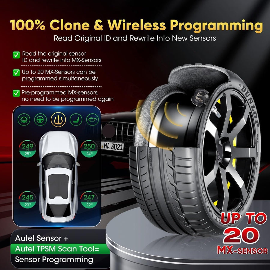 Capteur TPMS 2 en 1 MX-Sensor, capteur de surveillance de la pression des pneus à enfoncer à 1 capteur, capteur TPMS sans fil programmable et clonable de niveau OE pour tous les véhicules (valve en caoutchouc, 4 pièces)