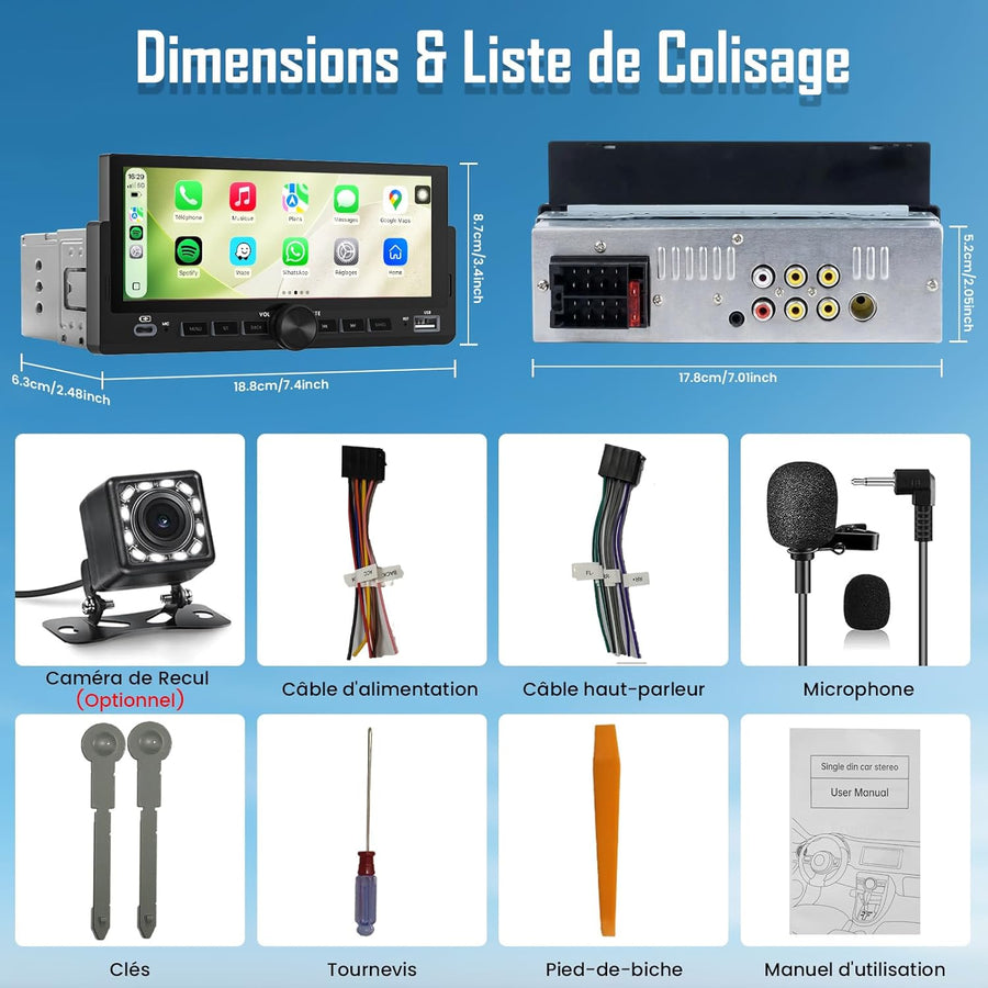 Autoradio 1 DIN, CarPlay Voiture & Android Auto sans Fil, Poste Radio Bluetooth Main Libre, Écran Tactile, Navigation GPS, Contrôle Vocal, AUX/FM, MirrorLink, USB Type-C (6,86")