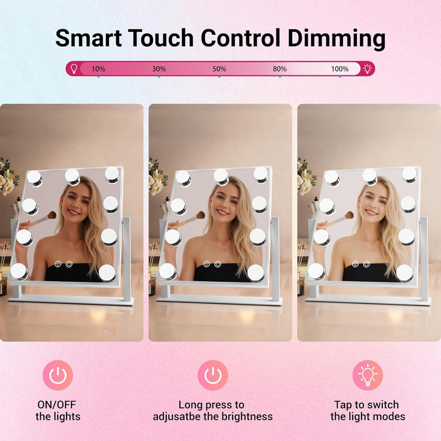 Miroir de Maquillage avec Éclairage Hollywood,Blanc,300x250mm,Dimmable,3000K/6000K,pour Coiffeuse