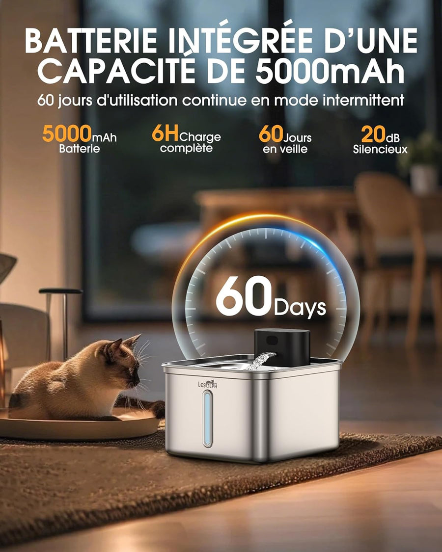 Fontaine a Eau Chat sans Fil 3,5L INOX avec Detecteur de Mouvement, avec 5000mAh Rechargeable Batterie et Technologie Exclusive sans Pompe, avec 2 Filtres