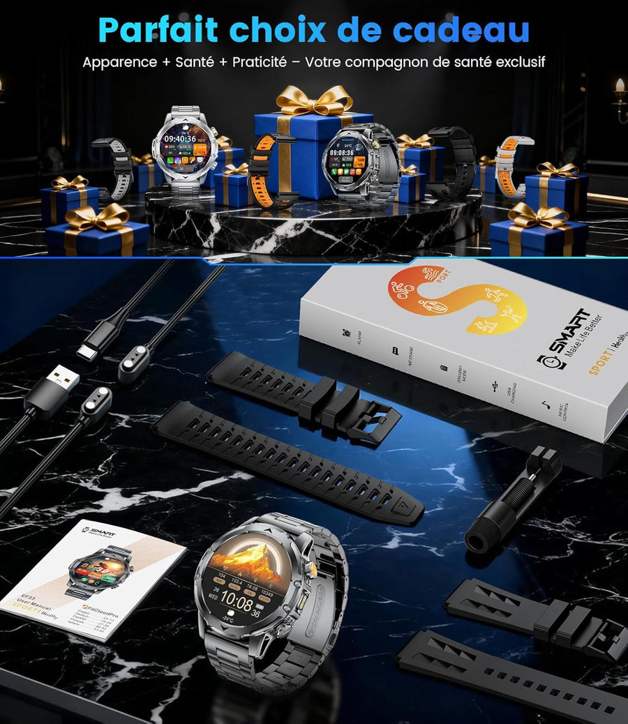 Montre Connectée Homme avec Appel Bluetooth, 1.53" HD AMOLED Smartwatch avec Batterie 1000 mAh(60+Standby Zeit)/Lampe de Poche/120+ Sportifs/Sommeil, IP68, Fitness Montre Connecté iOS Android