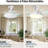 Ventilateur Plafond avec Lumière Pales Rétractable Télécommande 3 Niveaux Luminosité 3 Vitesse Eclairage 57cm Lampe Silencieux BLANC