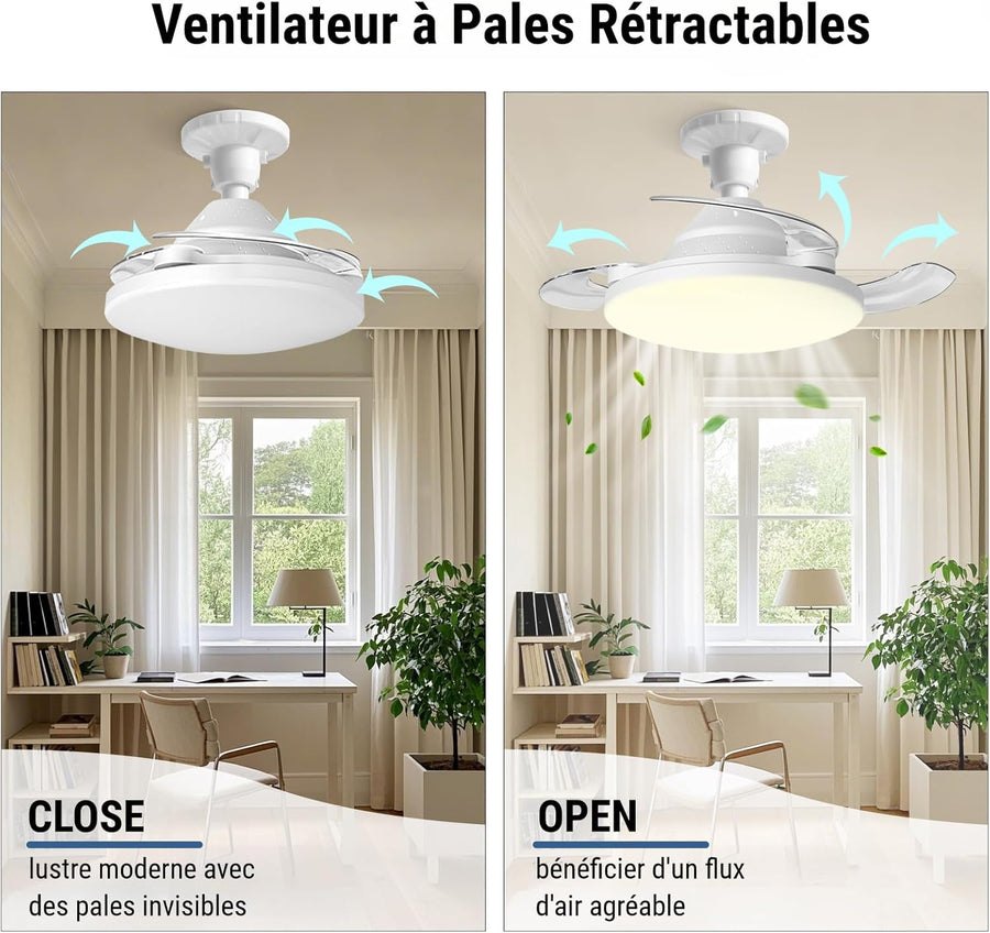 Ventilateur Plafond avec Lumière Pales Rétractable Télécommande 3 Niveaux Luminosité 3 Vitesse Eclairage 57cm Lampe Silencieux BLANC