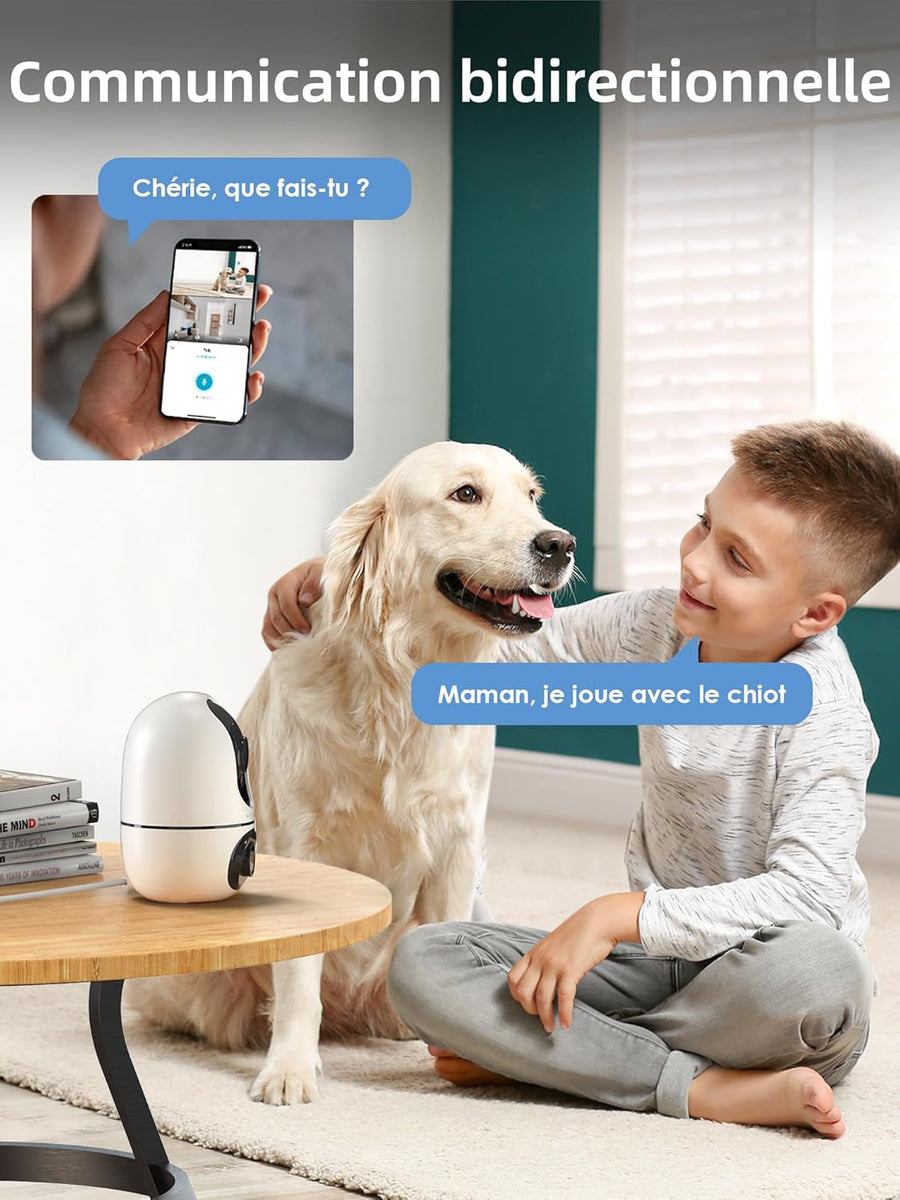 Caméra Surveillance WiFi Intérieure 1080P, 2-en-1 Double Objectif, Rotation 360, Vision Nocturne Couleur, Auto-Suivi, Audio Bidirectionnel