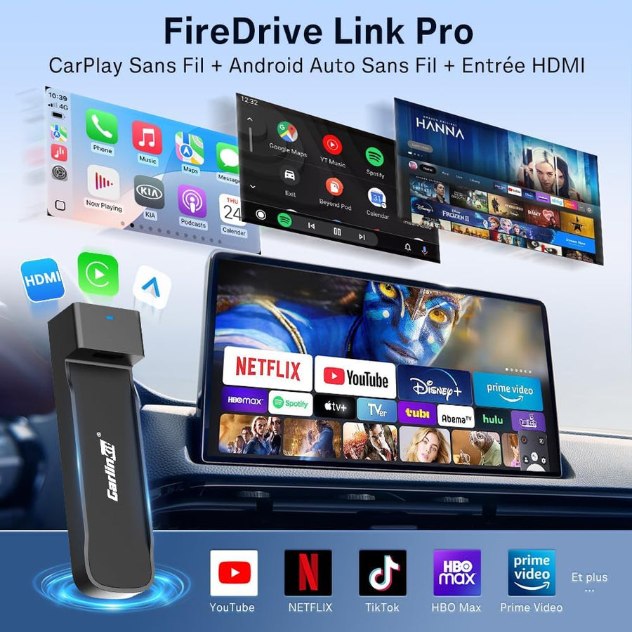FireDrive Link Pro HDMI Car TV Convertisseur pour Fire TV Stick Streaming, Apple CarPlay & Android Auto Adapter Compatible avec les véhicules CarPlay câblés, Dongle 3 en 1, Plug & Play