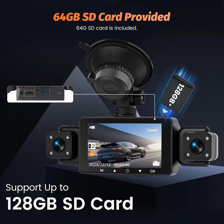 Dashcam Voiture Avant Arrière 1080P, 5GHz WiFi Caméra Embarquée Voiture avec Carte SD 64G, Écran IPS de 3″, Vision Nocturne, Capteur G, Enregistrement en Boucle, Grand Angle 170°