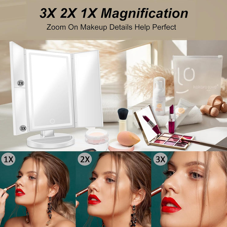 Miroir Maquillage Trois Volets Cosmétique Lumineux LED Rotation 180° Grossissement 1X/2X/3X BLANC