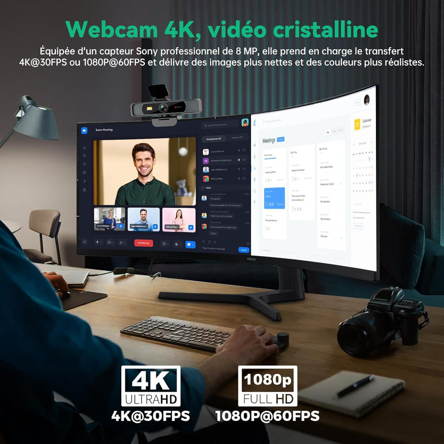 Webcam 4K - Caméra Streaming pour PC, 120° Angle Large, autofocus PDAF, Microphones Doubles Anti-Bruit, 1080p@60FPS, Compatible avec Portable, Mac, Teams, Ordinateur de Bureau