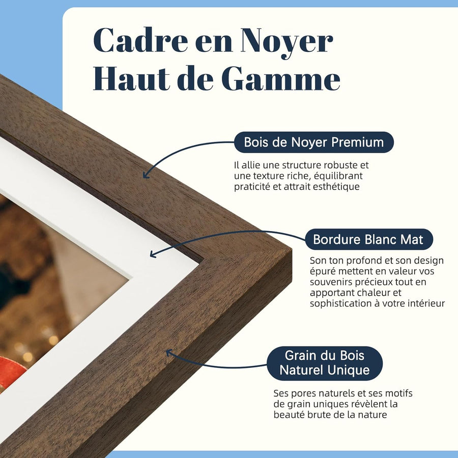 Cadre Photo Numérique WiFi 10.1 Pouces Noyer Bois Mémoire 32 Go, Écran Tactile HD IPS 1280 x 800, Auto-Rotation, Partage de Photos Vidéos Via Frameo APP/USB/SD