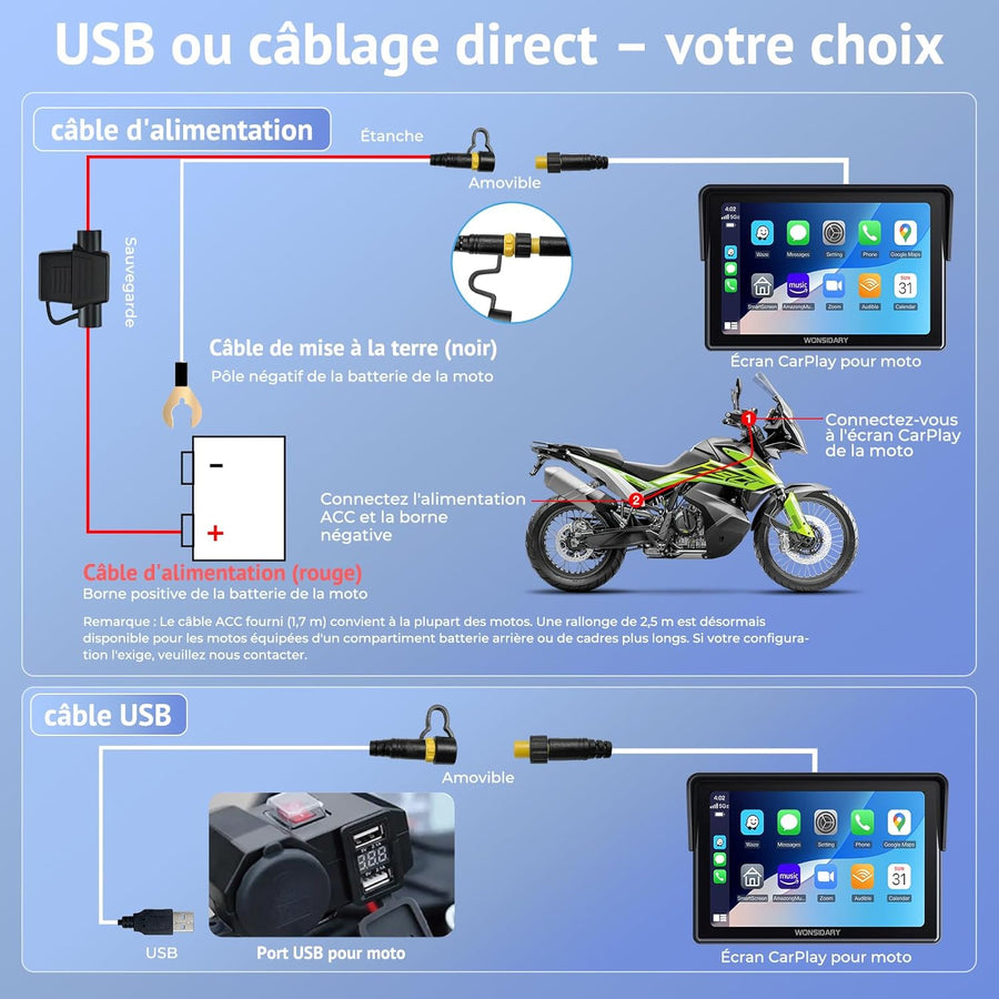 Écran CarPlay Moto sans Fil Compatible avec Apple CarPlay & Android Auto,5 Pouces Écran Tactile Moto Étanche avec Double Bluetooth,Navigation GPS,Commandes Vocales,Égaliseur,Alimentation USB/ACC