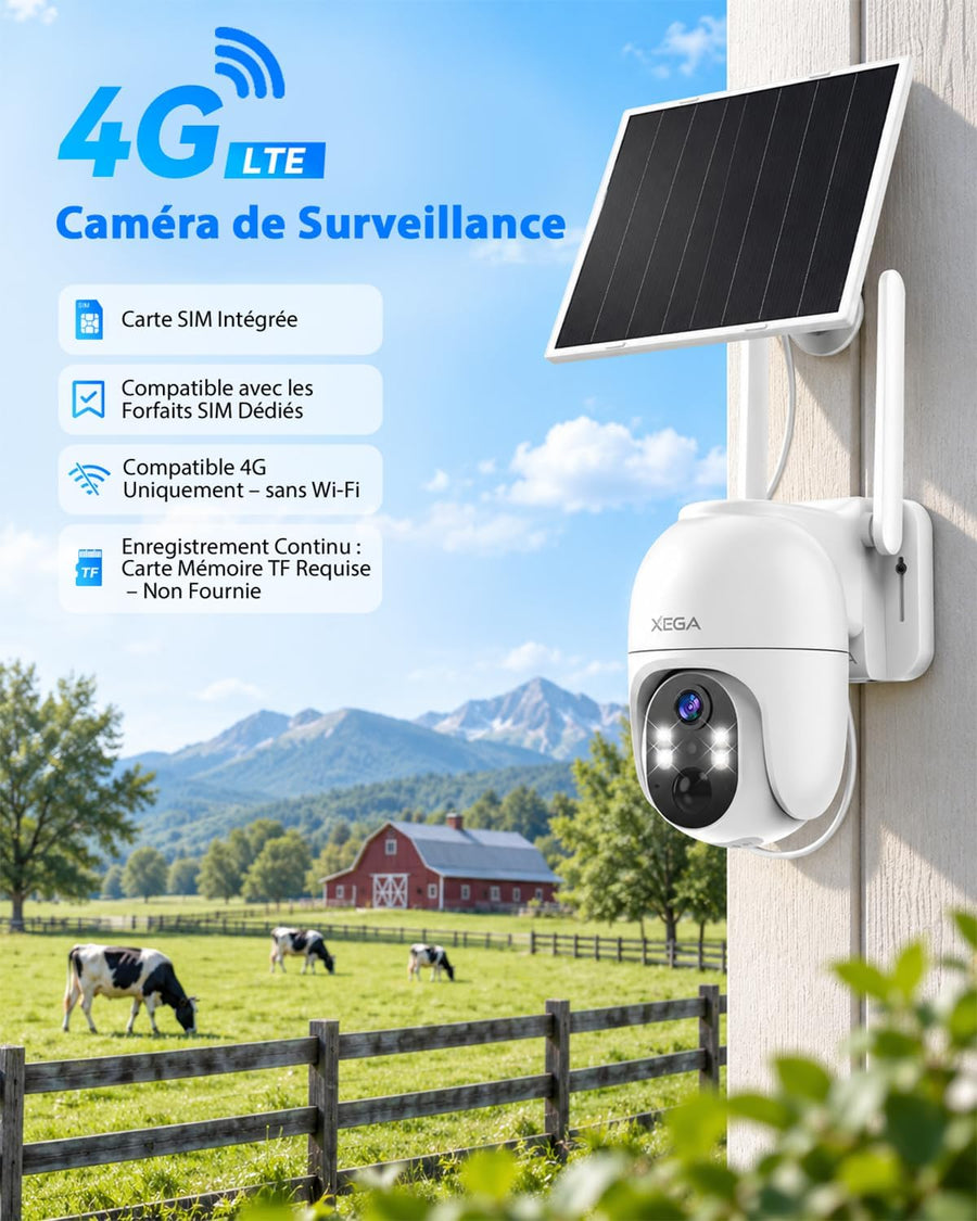 Caméra Surveillance 4G LTE Solaire avec Carte SIM,Enregistrement 24/7 Détection IA 25m, Audio Bidirectionnel, PTZ 355°, Panneau Solaire 8 W, 2K Vision Nocturne en Couleur, Abonnement Requis