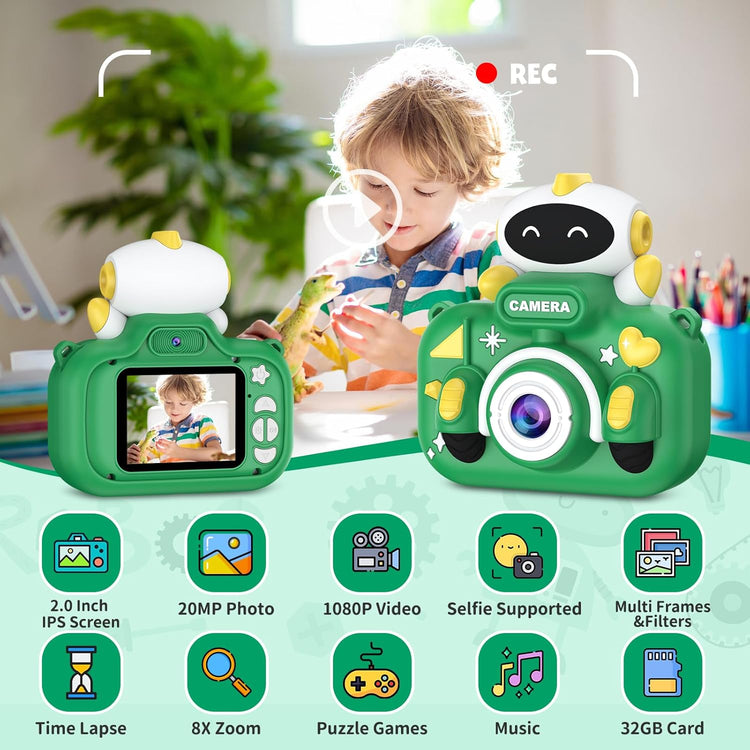 Appareil Photo Enfant Rechargeable Ecran LCD 2" Vidéo HD Carte SD 32Go Robot VERT