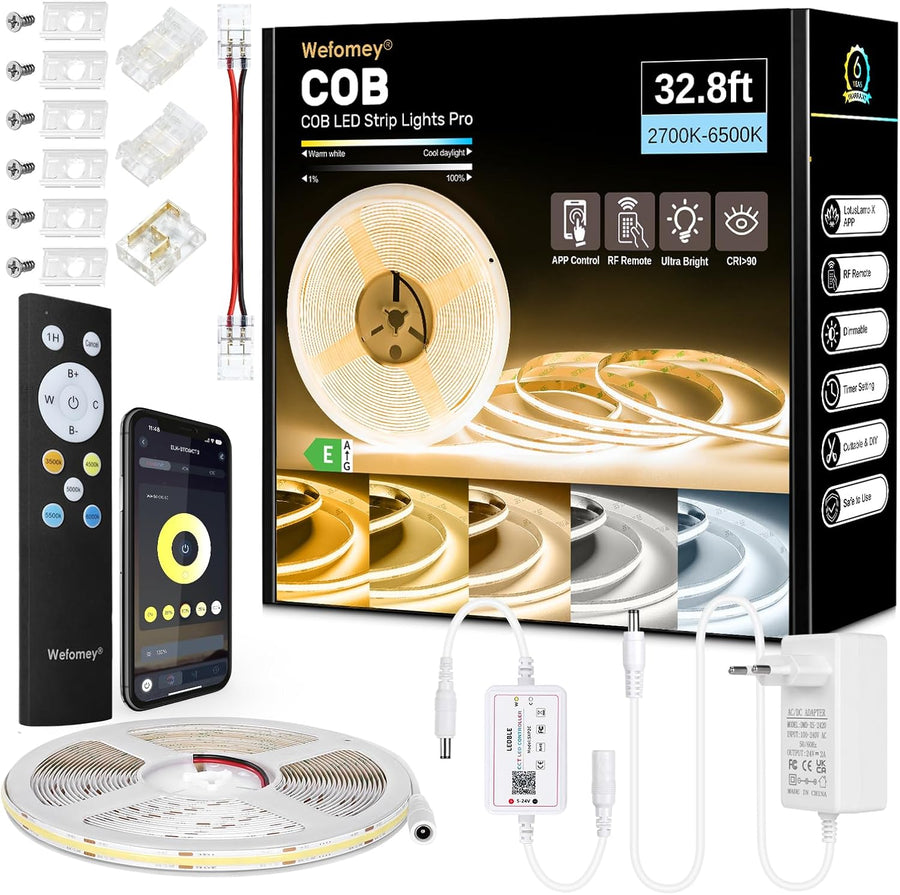 Ruban LED COB 10M, App Control, Bande LED Blanc Chaud Froid 2700K-6500K avec Telecommande et Alimentation, Bande LED 24V Dimmable, 620LEDs/M, CRI>92, Largeur 8mm