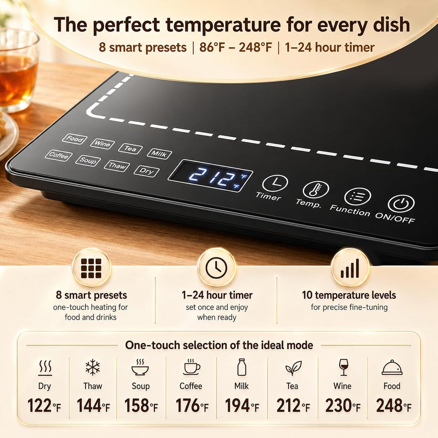 Chauffe-Plat Électrique Pliable en Verre,3-in-1 Chauffante Pliable avec Températures Réglables 30-120℃ et Minuteur 1-24H, Chauffe Plat Electrique Buffet pour Buffets Fête, Voyag Réunions