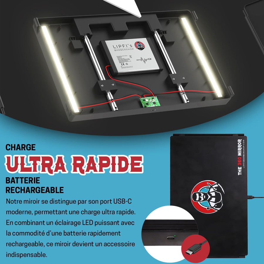 Kit : tondeuse miroir 360 LED 3 voies pour coiffeur Kit : miroir de barbier à trois voies + tondeuse professionnelle sans fil avec autonomie de 3 heures, 4 protections