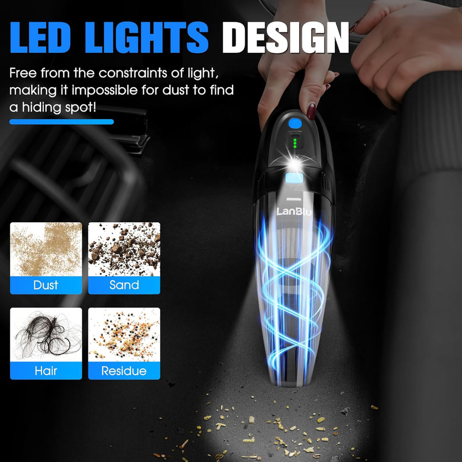 Aspirateur Voiture Puissant Sans Fil avec Station de Recharge et Éclairage LED, 25000Pa Aspirateur a Main avec Filtre Lavable, Humide et Sec