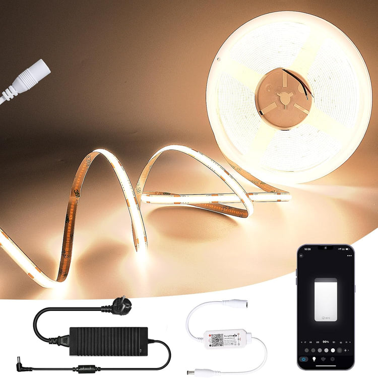 Ruban LED COB 10m 384led Blanc Chaud 3000K WiFi 24V App Contrôle Compatible Assistant Vocaux