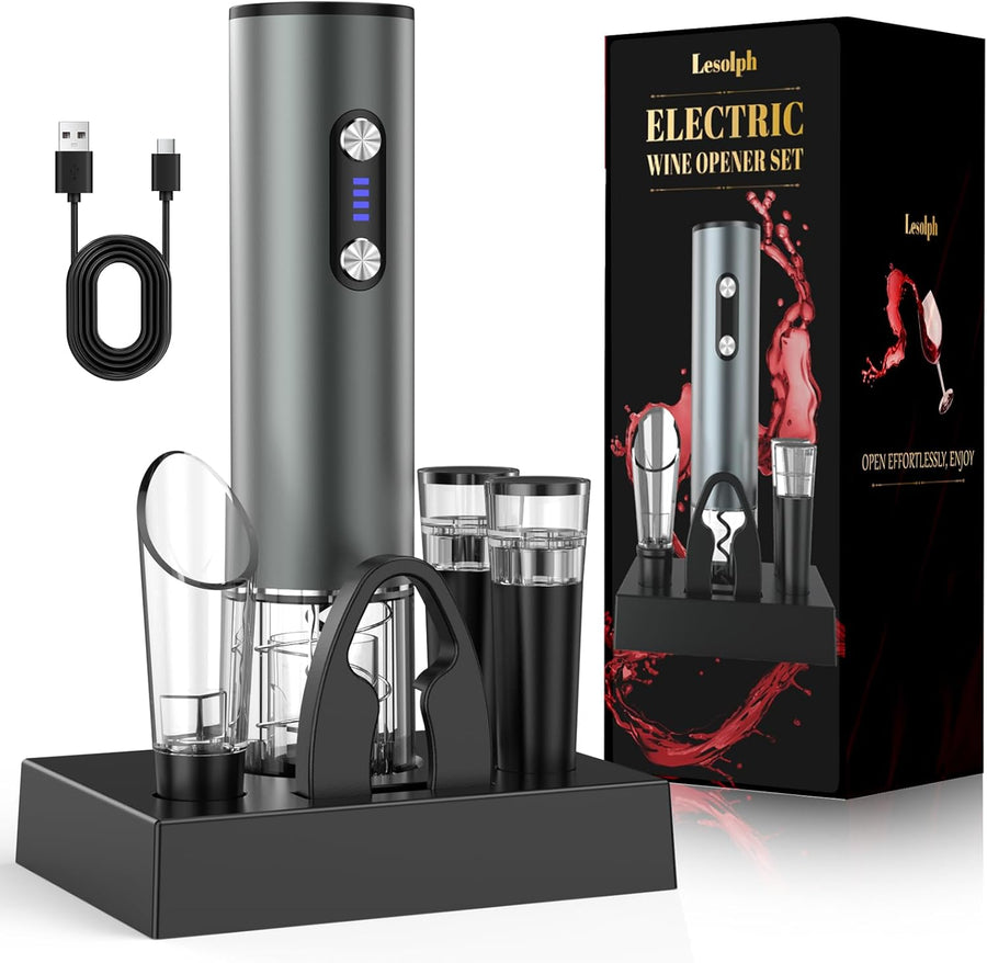 Tire bouchon electrique rechargeable inox, ouvre bouteille electrique idee cadeau anniversaire homme femme avec bec verseur aérateur, 2 bouchon vin vide air, coupe-fil et câble chargement USB