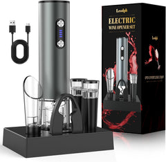 Tire bouchon electrique rechargeable inox, ouvre bouteille electrique idee cadeau anniversaire homme femme avec bec verseur aérateur, 2 bouchon vin vide air, coupe-fil et câble chargement USB