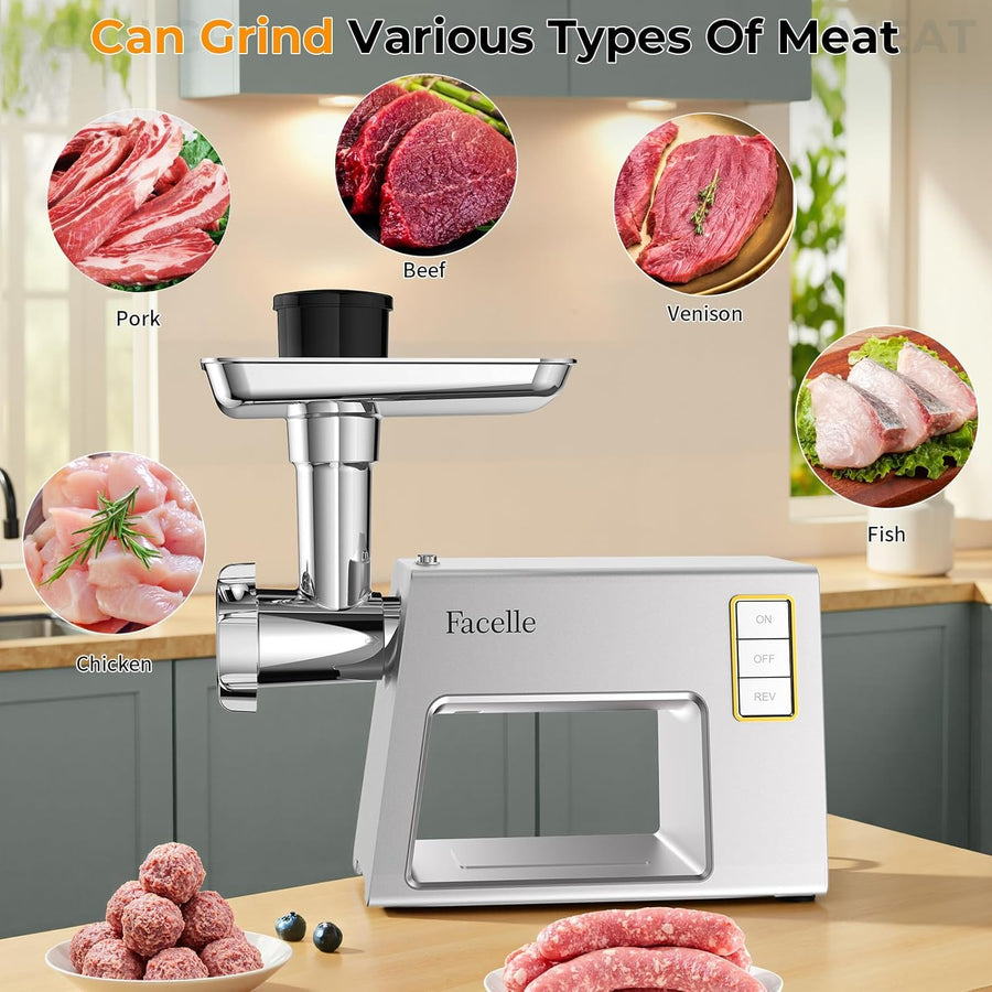 Hachoir a Viande, 2000W Hachoir Electrique avec 3 grilles en acier inox, Kubbe et tubes de Remplissage de Saucisses, hachoir pour hamburgers
