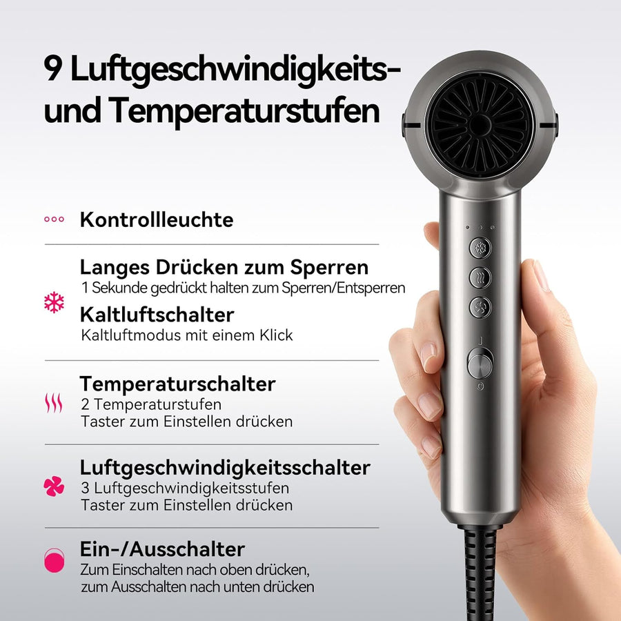 Sèche-cheveux professionnel 2300W, moteur 90 000 tr/min, 22 m/s, réduction du bruit x8, ions concentrés, 3 vitesses