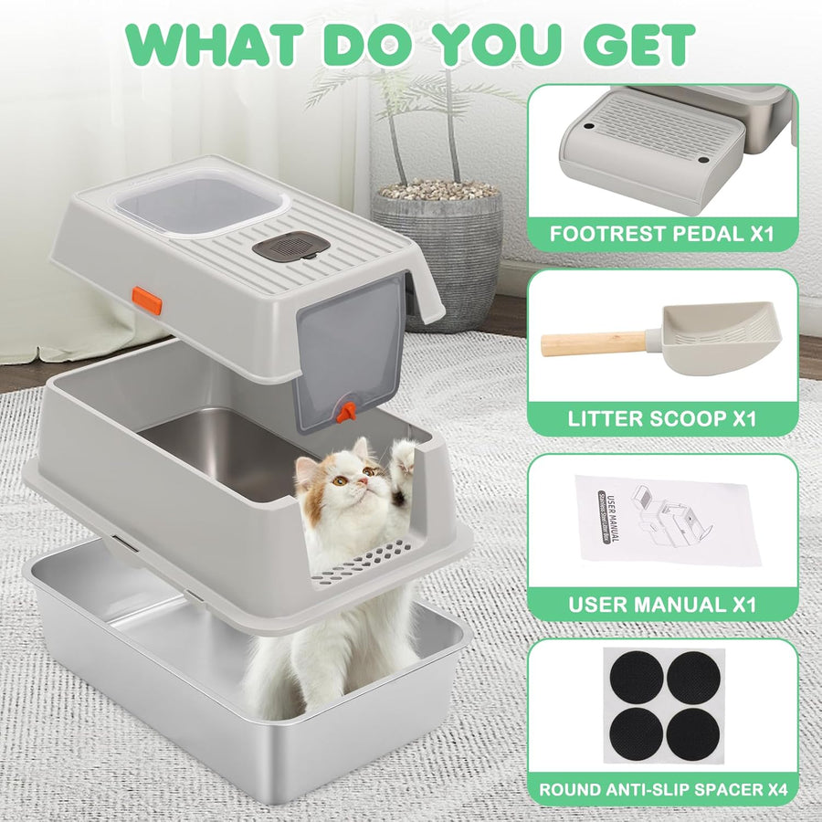 Bac à Litière pour Chat en Acier Inoxydable,Bac à Litière Fermé pour Chat avec Pelle et Pédale,Litière Haute en avec Couvercle,Caisse Litiere pour Chats avec Double Entrée Plateau Amovible