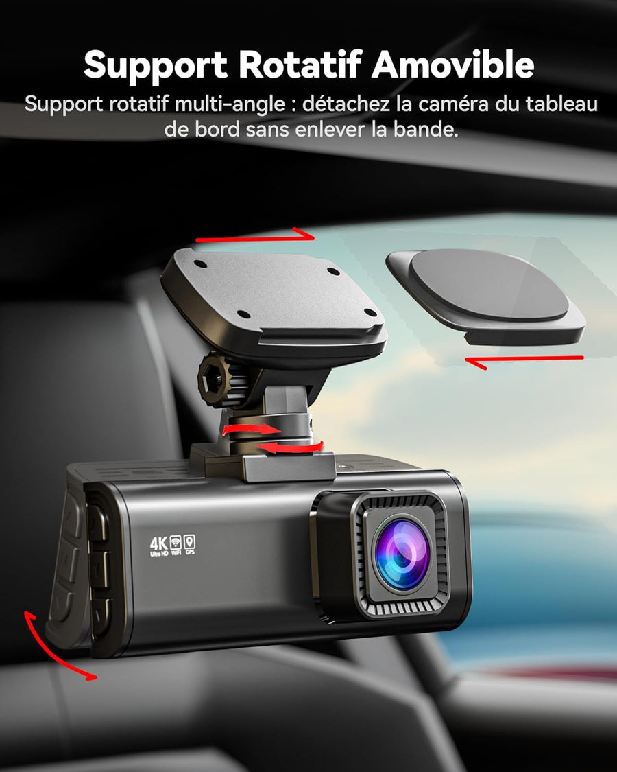 Dashcam Voiture Avant Arriere, STARVIS 2 Sensor with 64GB Card,4K/2.5K+1080P Dual Camera Voiture Built-in WiFi,GPS, 3.18" IPS, 170° Wide-Angle,24/7 Parking Surveillance, Loop Recording,WDR