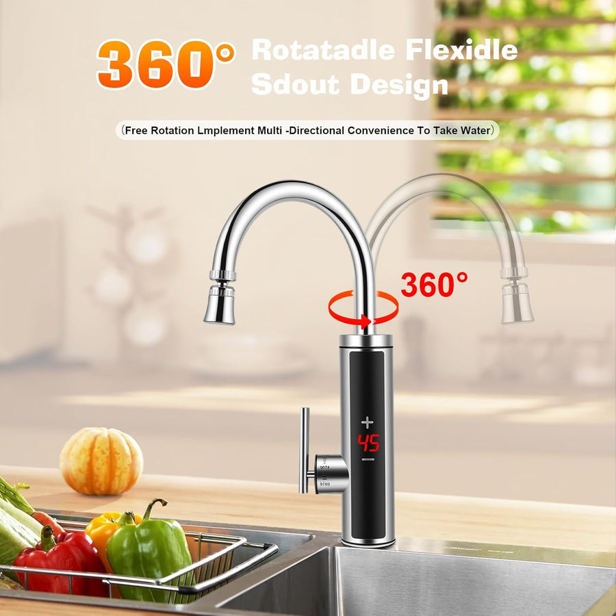 Robinet Électrique avec Chauffe-eau Instantané, 3600W Robinet Chauffant en Acier Inoxydable, Сhauffe-Eau de Cuisine Avec Col Flexible et Affichage de la Température, pour Cuisine, Salle de Bain