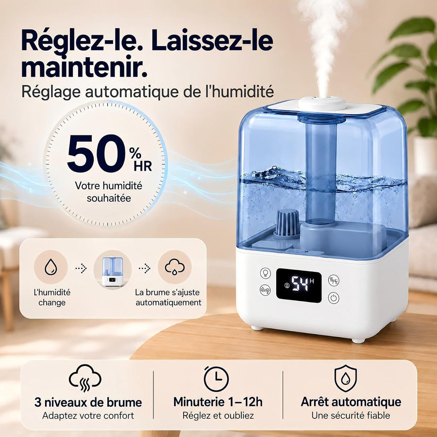 Humidificateur D'air 5L Chambre Plante, Dificateur 22dB Calme, pour 40m² mini Humidificateur d air Bebe, Minuteur 12h, Mode Sommeil, Verrouillage Enfant, Fonction Arôme, avec Hygromètre