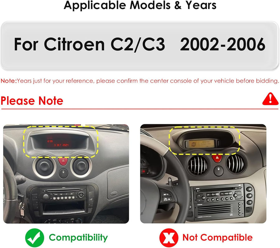 Autoradio Android 14 pouces pour Citroën C2 C3 2002 2003 2004 2005 2006, compatible avec Wireless Carplay/Android Car, commandes au volant, WiFi/4G, AM/FM 4 cœurs 2 Go et 64 Go