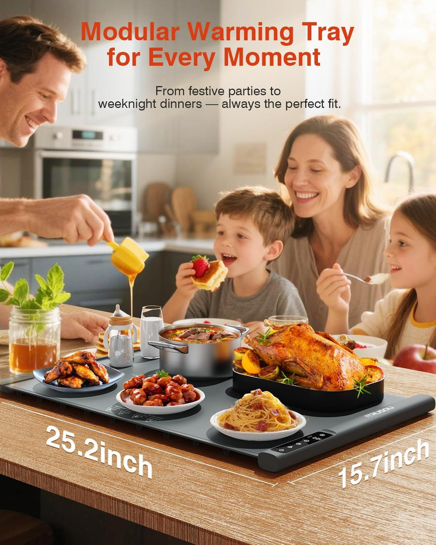 Plaque Chauffante pour Aliments, Tapis Chauffant Électrique Enroulable Extensible avec 7 Températures, Minuteur 99H, Affichage ℃/℉, Idéal Réchaud Buffet, Repas, Réceptions Garder au Chaud