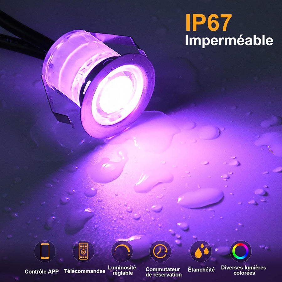 Lot de x6 Spots LED WiFi Bluetooth Encastrable au sol Extérieur Interieur Ø30MM 12V RGB Étanche IP67 Spot Encastrable Led avec Télécommande,LED Lumières éclairage pour Terrasse et patio