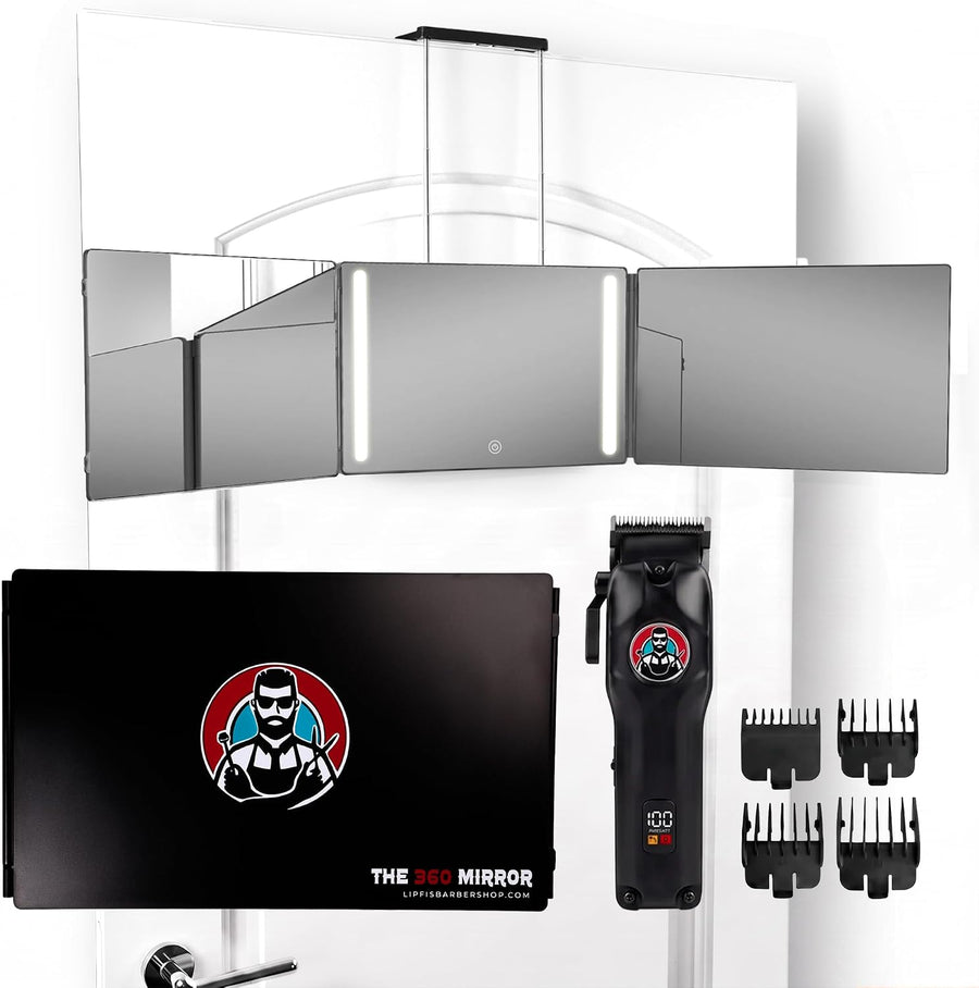 Kit : tondeuse miroir 360 LED 3 voies pour coiffeur Kit : miroir de barbier à trois voies + tondeuse professionnelle sans fil avec autonomie de 3 heures, 4 protections