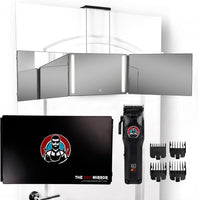 Kit : tondeuse miroir 360 LED 3 voies pour coiffeur Kit : miroir de barbier à trois voies + tondeuse professionnelle sans fil avec autonomie de 3 heures, 4 protections
